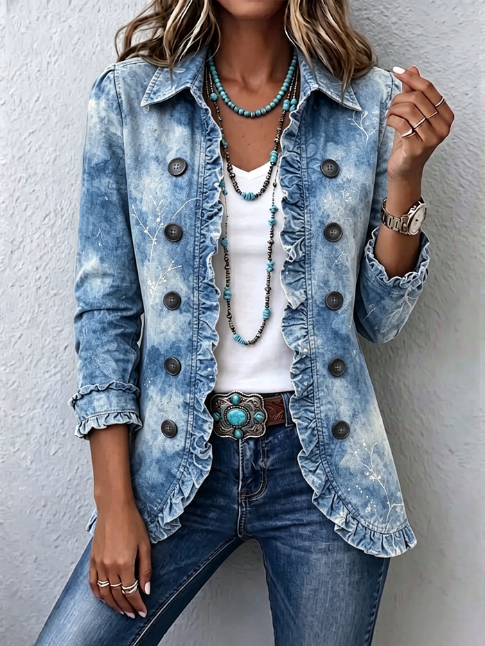Blue boho jacket with gradient botanical print and ruffle-detail hem