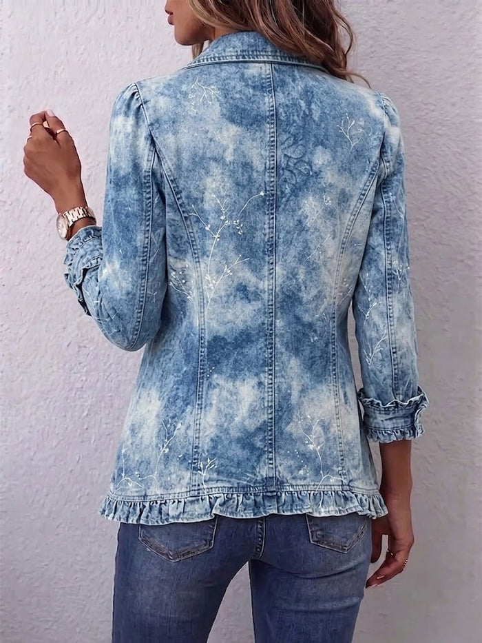 Blue boho jacket with gradient botanical print and ruffle-detail hem