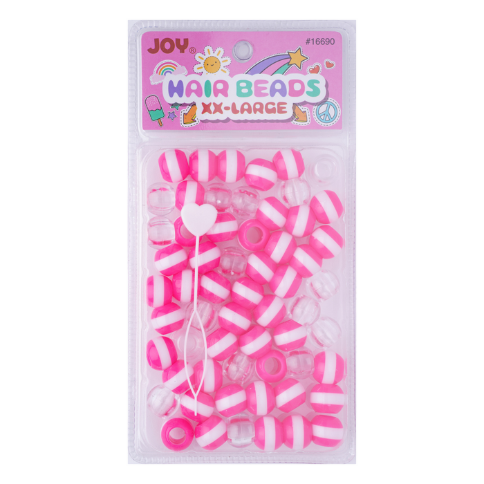 Joy Round Hair Beads XX-Large Size, 60 Count, Neon Pink Stripe Clear Mix