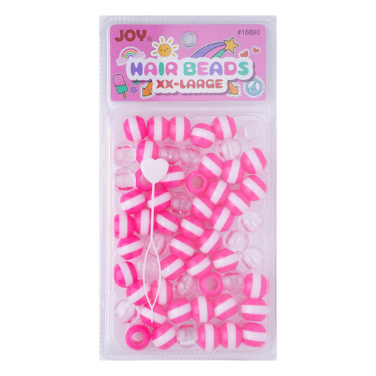 Joy Round Hair Beads XX-Large Size, 60 Count, Neon Pink Stripe Clear Mix