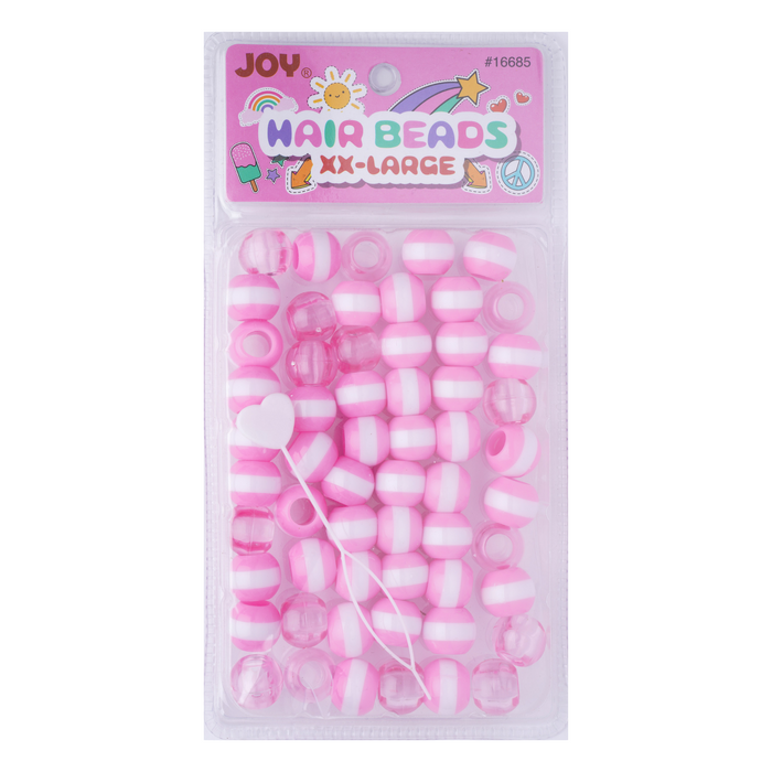 Joy Round Hair Beads XX-Large Size, 60 Count, Pink Stripe Clear Pink Mix