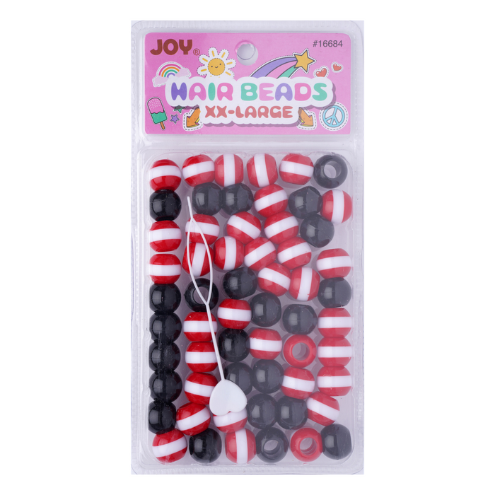 Joy Round Hair Beads XX-Large Size, 60 Count, Red Stripe Black Mix