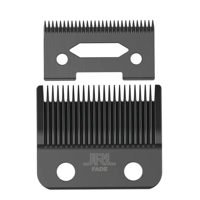 JRL FF2020C Fade Blade – Precision Clipper Blade Set JRL Two black metal hair clipper blades shown on a plain white background, one above the other, with the brand name 'JRL FADE' debossed on the lower blade.