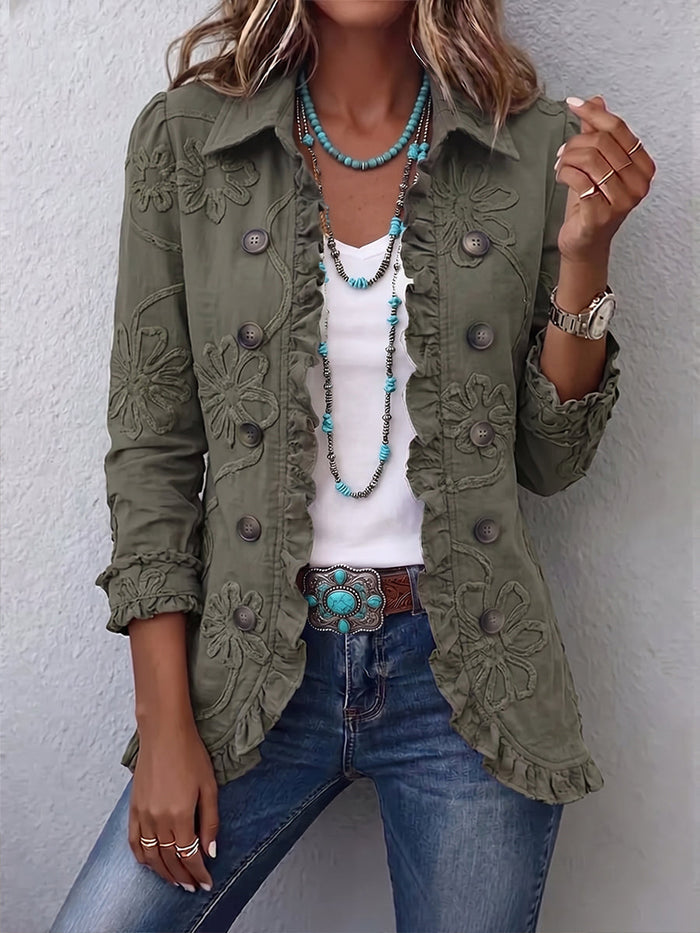 Retro green floral embroidered utility jacket with ruffled trim and point collar