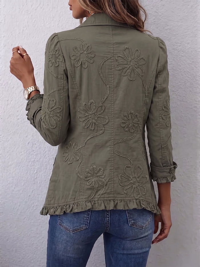 Retro green floral embroidered utility jacket with ruffled trim and point collar