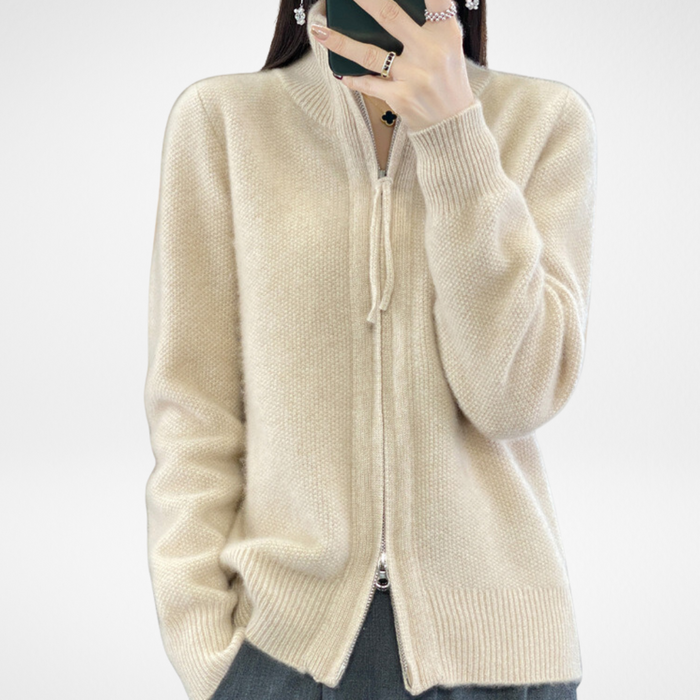 Katrina minimalist zip-up knit sweater shown in a neutral shade