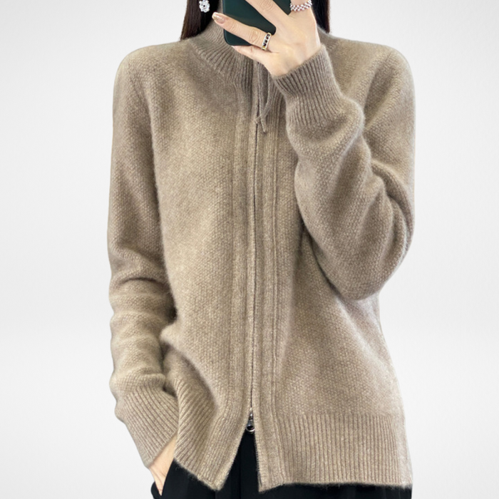 Katrina minimalist zip-up knit sweater shown in a neutral shade
