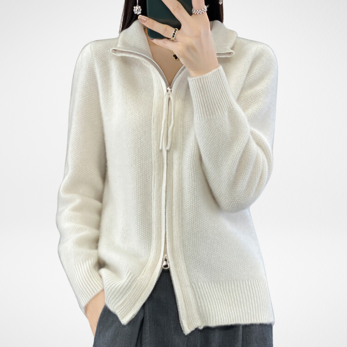 Katrina minimalist zip-up knit sweater shown in a neutral shade