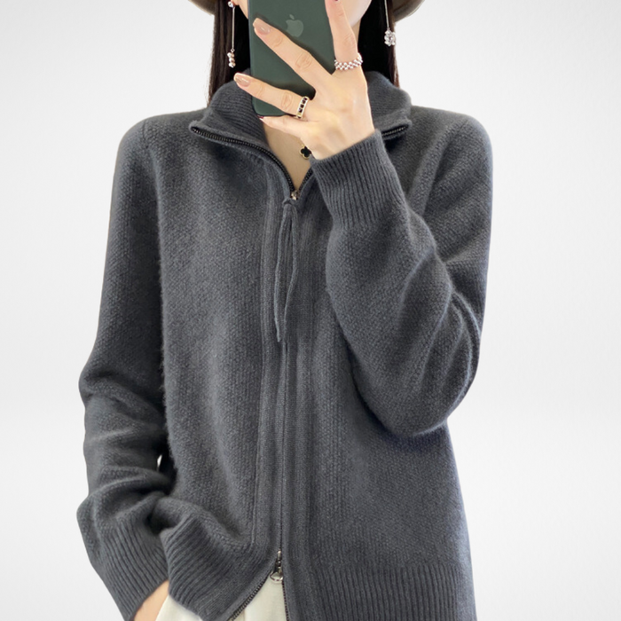 Katrina minimalist zip-up knit sweater shown in a neutral shade