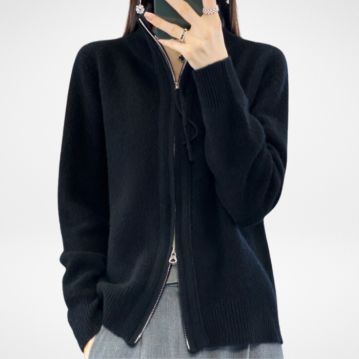 Katrina minimalist zip-up knit sweater shown in a neutral shade