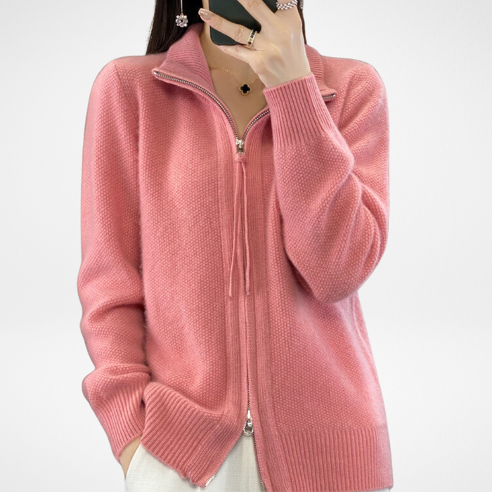 Katrina minimalist zip-up knit sweater shown in a neutral shade