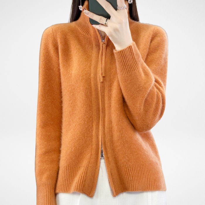 Katrina minimalist zip-up knit sweater shown in a neutral shade