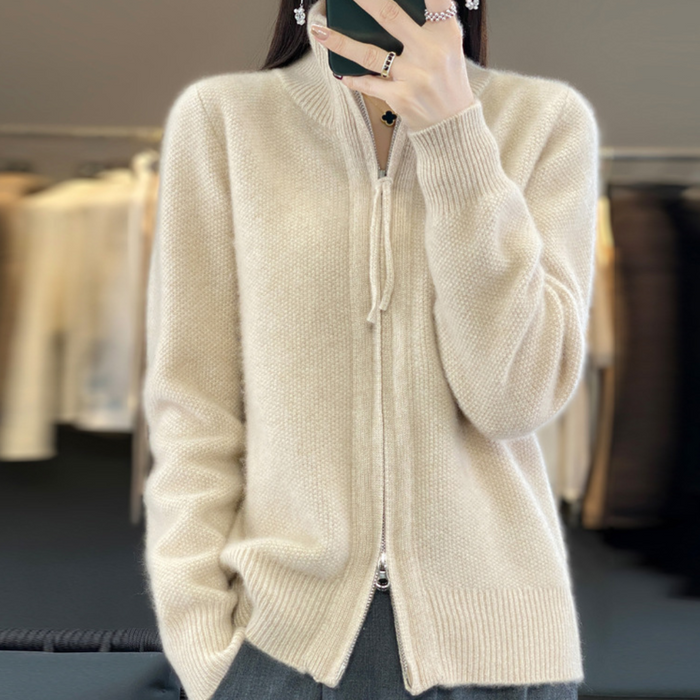 Katrina minimalist zip-up knit sweater shown in a neutral shade