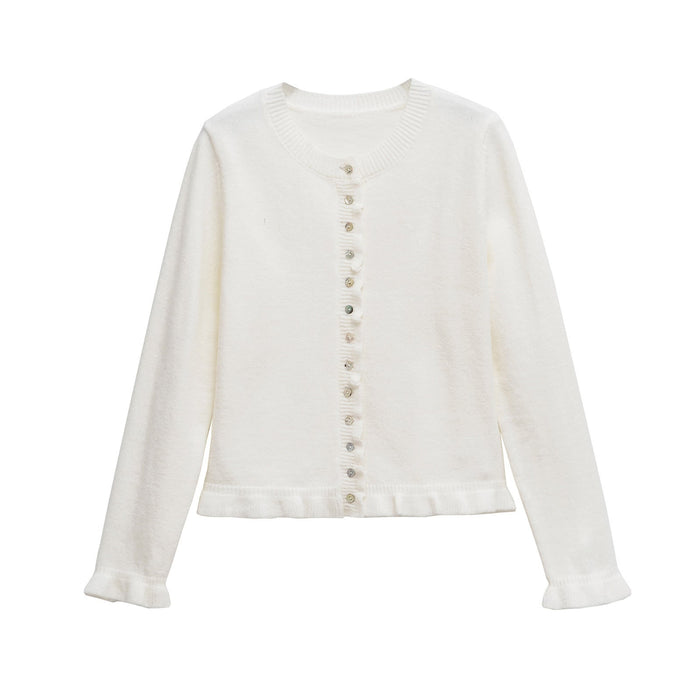 Kiana button-up cardigan with lettuce trim, shown in a relaxed cozy silhouette