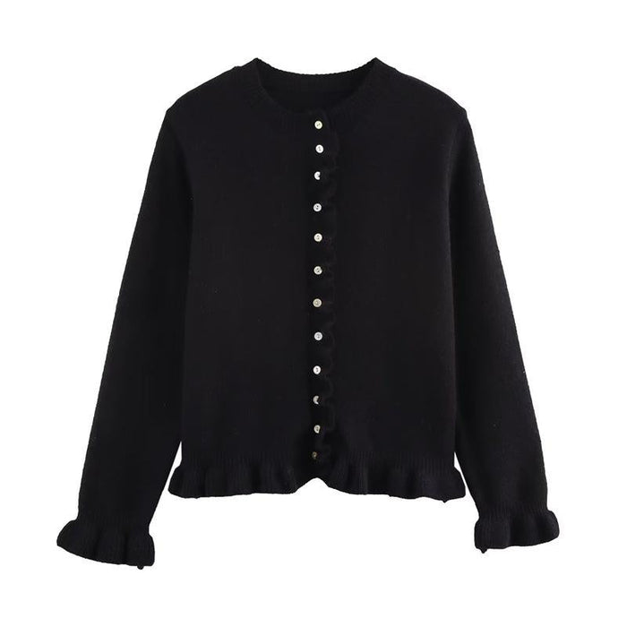 Kiana button-up cardigan with lettuce trim, shown in a relaxed cozy silhouette
