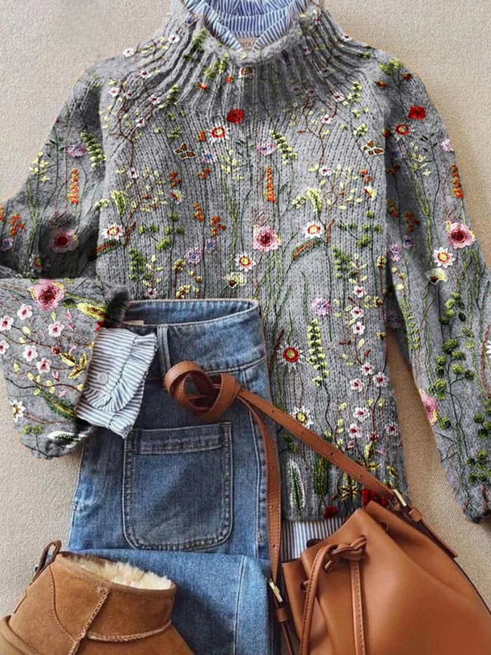 Klyra vintage floral print turtleneck sweater for women in a cozy knit