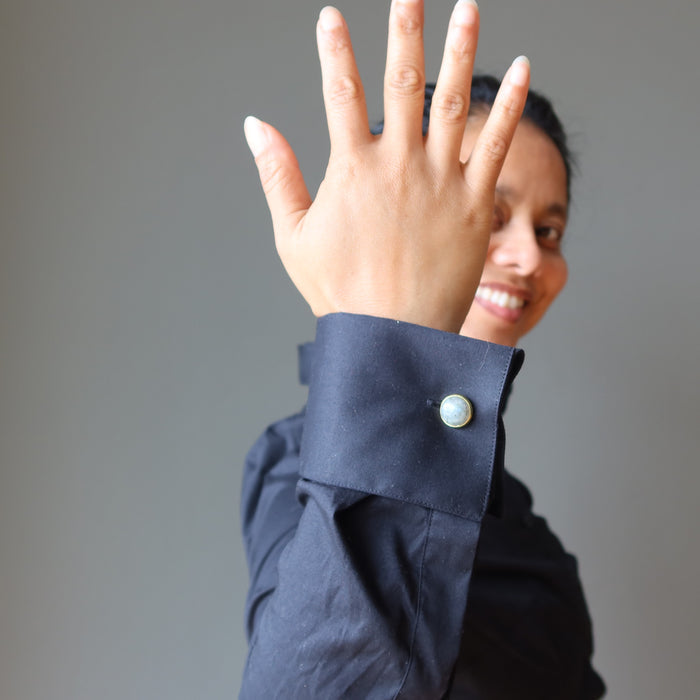 sheila of satin crystals wearing labradorite cufflinks