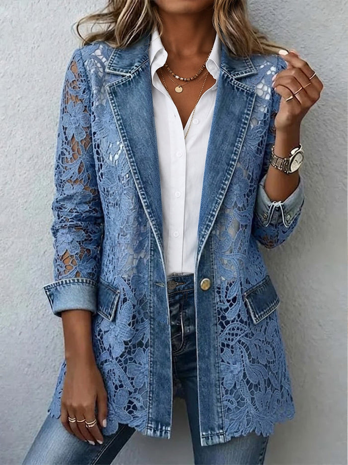 Denim blue relaxed-fit blazer jacket with floral lace paneling and a single gold-tone button