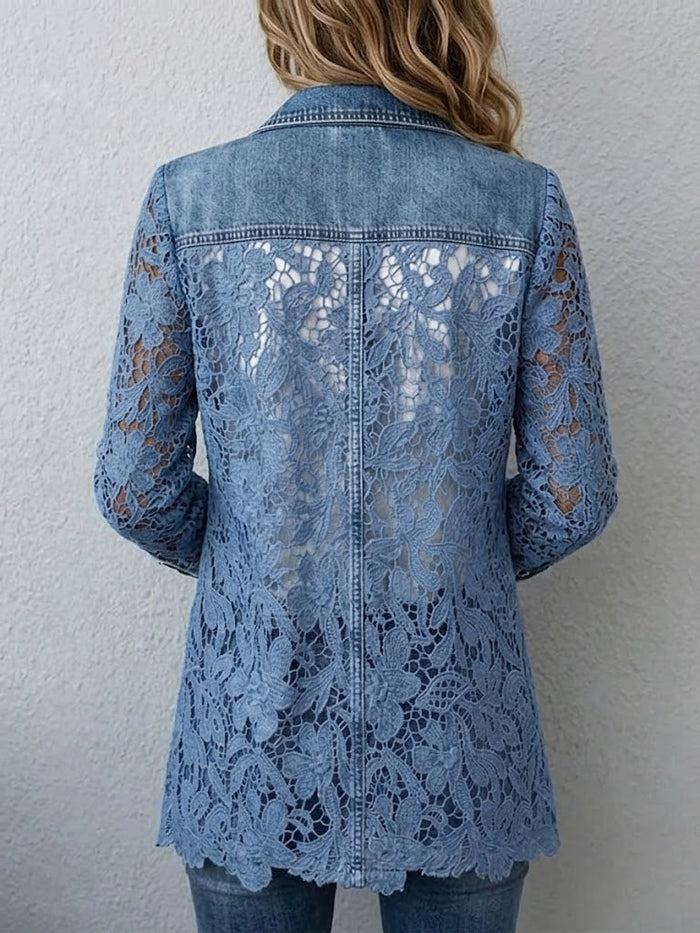 Denim blue relaxed-fit blazer jacket with floral lace paneling and a single gold-tone button