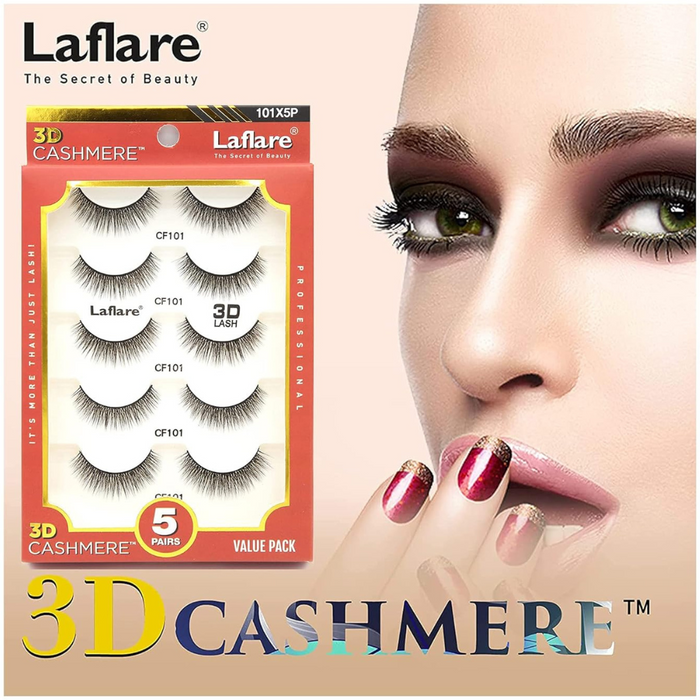 LAFLARE 3D cashmere eyelashes value pack with five pairs displayed next to model wearing dramatic lashes