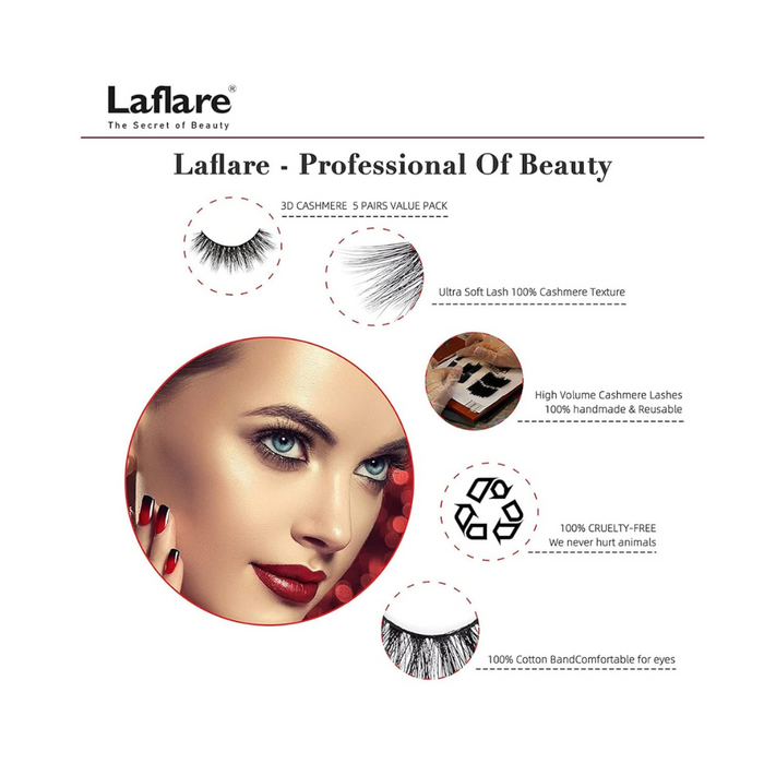 LAFLARE 3D cashmere eyelashes value pack showing lashes closeups model wearing dramatic makeup and product features