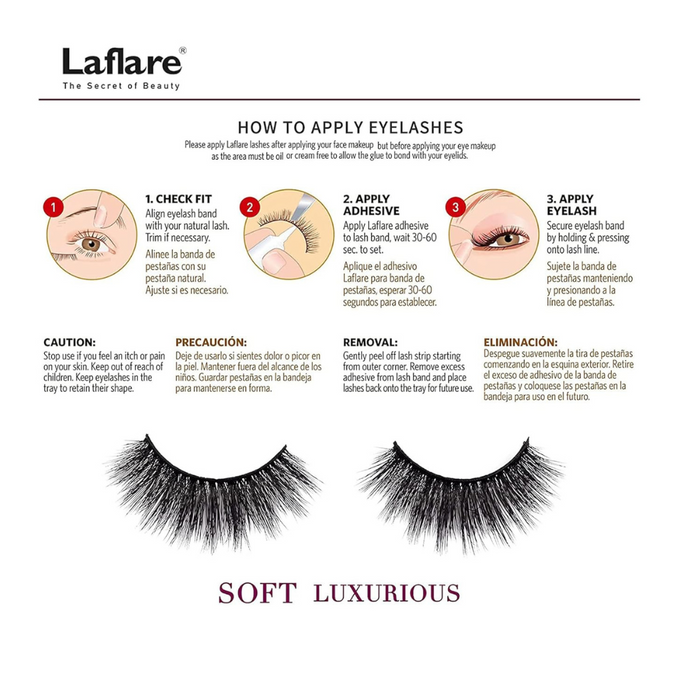 LAFLARE 3D cashmere eyelashes value pack packaging showing application steps and soft luxurious lashes