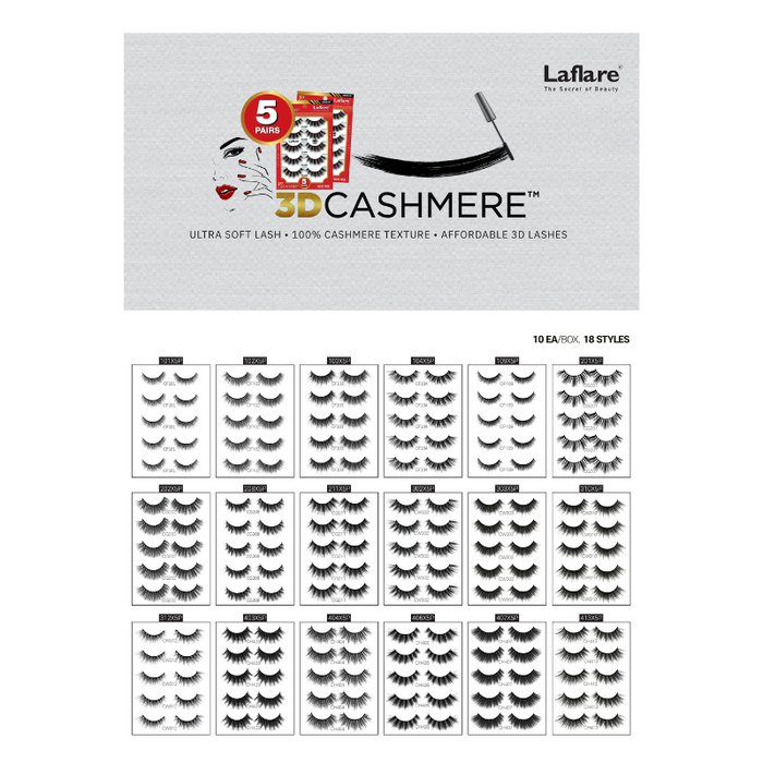 LAFLARE makeup display of varied eyelash styles and packaging featuring 3D cashmere eyelashes value pack with five pairs