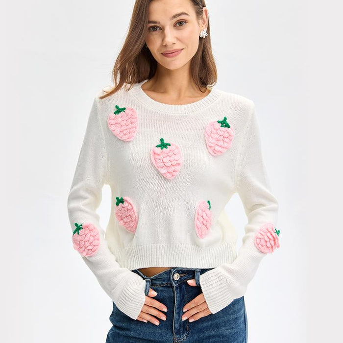 Lanie long sleeve sweater with cute strawberry embellishments