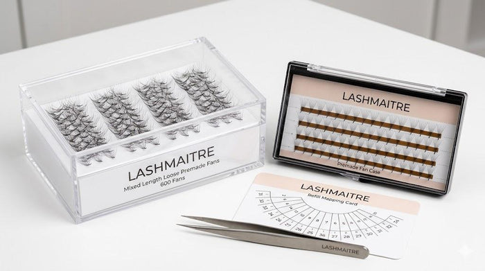 LASHMAITRE Mixed Length Loose Premade Fans - 600 Fans loose fan box versus tray fan comparison