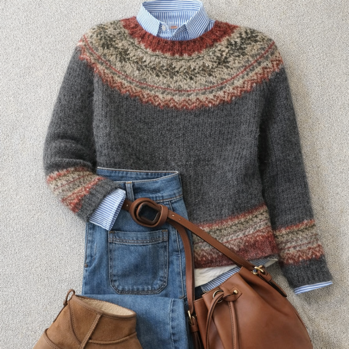 Gray Nordic-inspired knit sweater with ribbed cuffs and hem