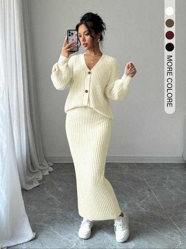 Lea button front sweater and long knit skirt matching set in neutral tone