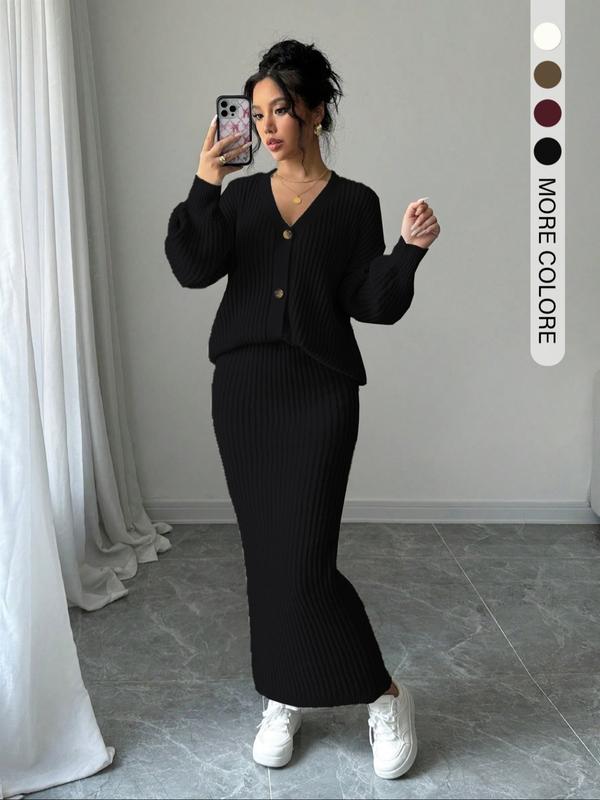 Lea button front sweater and long knit skirt matching set in neutral tone
