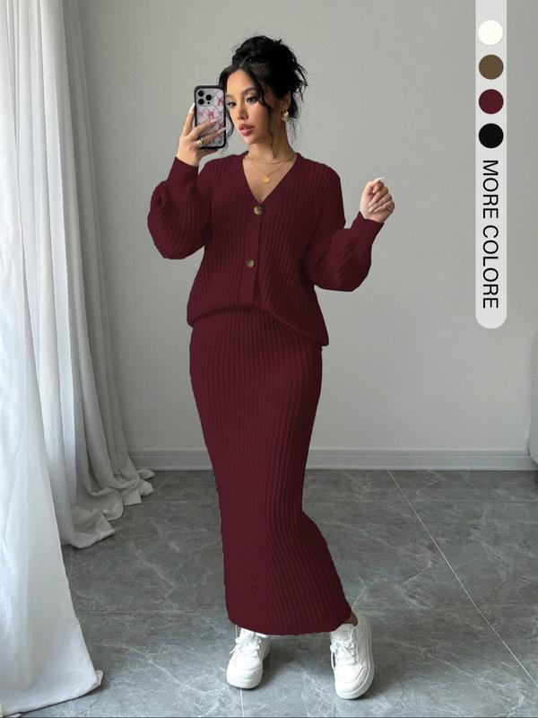 Lea button front sweater and long knit skirt matching set in neutral tone