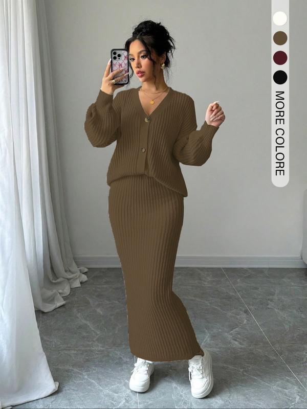 Lea button front sweater and long knit skirt matching set in neutral tone