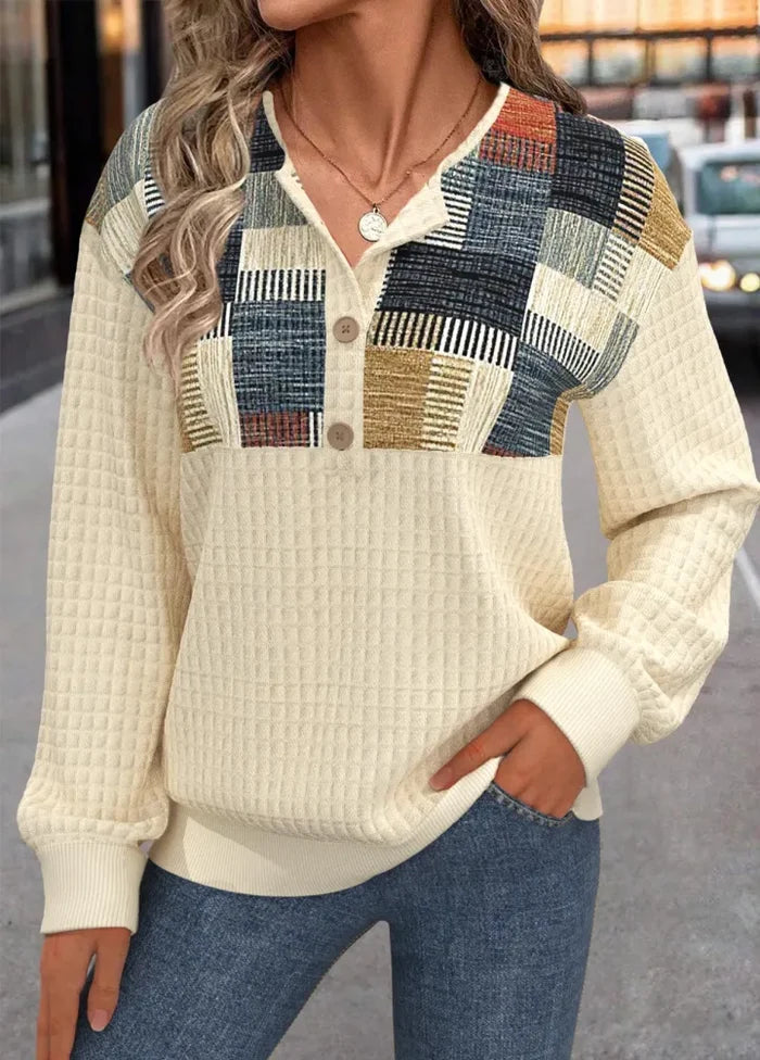 Linora women's patchwork waffle knit sweater with button detail in a relaxed fit