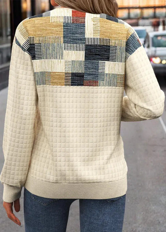 Linora women's patchwork waffle knit sweater with button detail in a relaxed fit