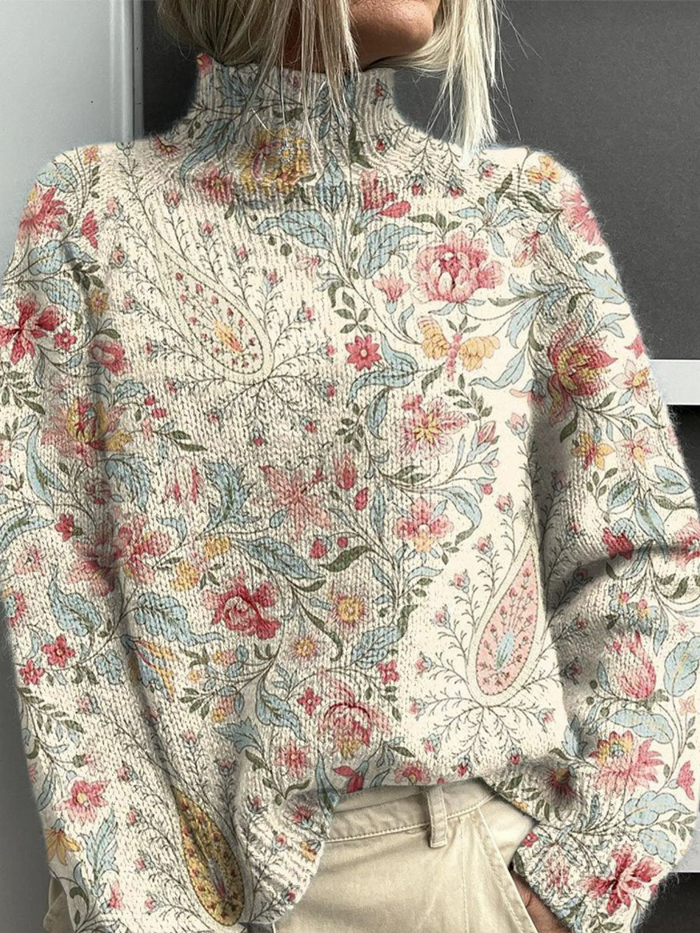 Lisia vintage floral knit turtleneck sweater with a cozy high neckline