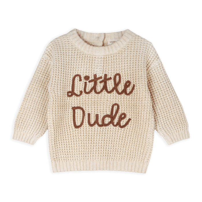 Viverano Organics baby sweater with Little Dude text in soft beige organic cotton wear