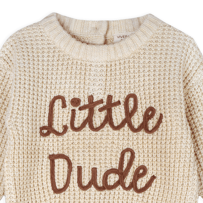 Viverano Organics baby top with Little Dude text knitted design made from organic cotton