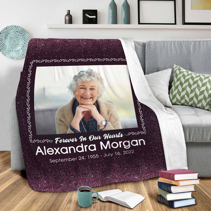 Loss Of Mother Memorial Blankets With Picture, Forever In Our Hearts Bereavement Blanket, Loss Of Grandma Portrait From Photo