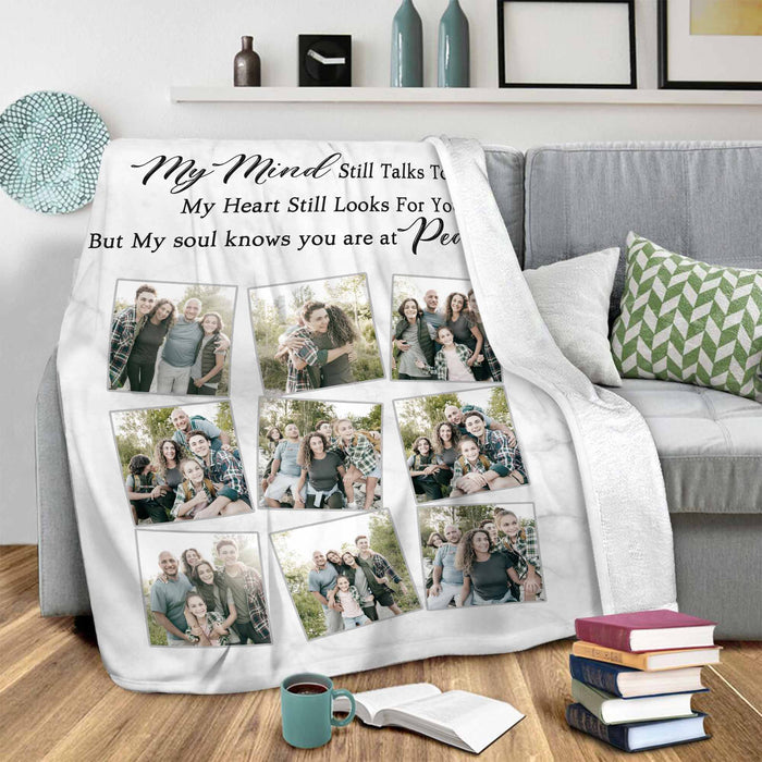 Loss Of Mother Memorial Photo Blanket, Custom Photo Collage Mom And Son Blanket, My Mind Still Talks To You Mothers Day Gifts