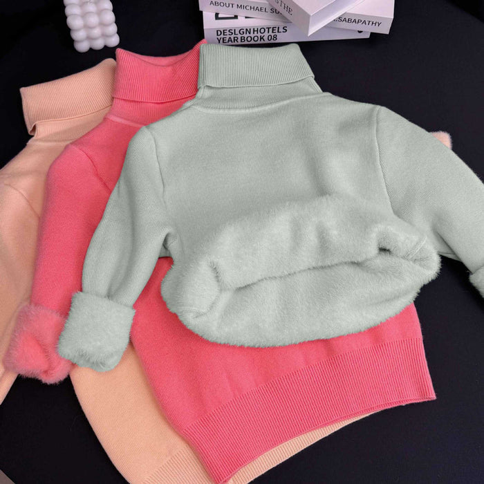 Lumi fleece-lined knit turtleneck sweater shown in a soft solid color