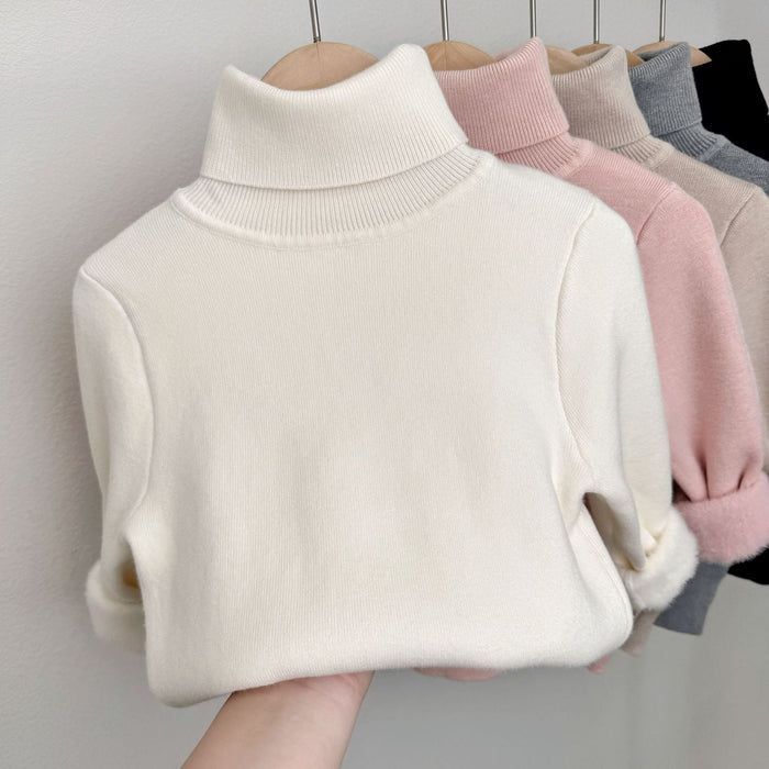 Lumi fleece-lined knit turtleneck sweater shown in a soft solid color