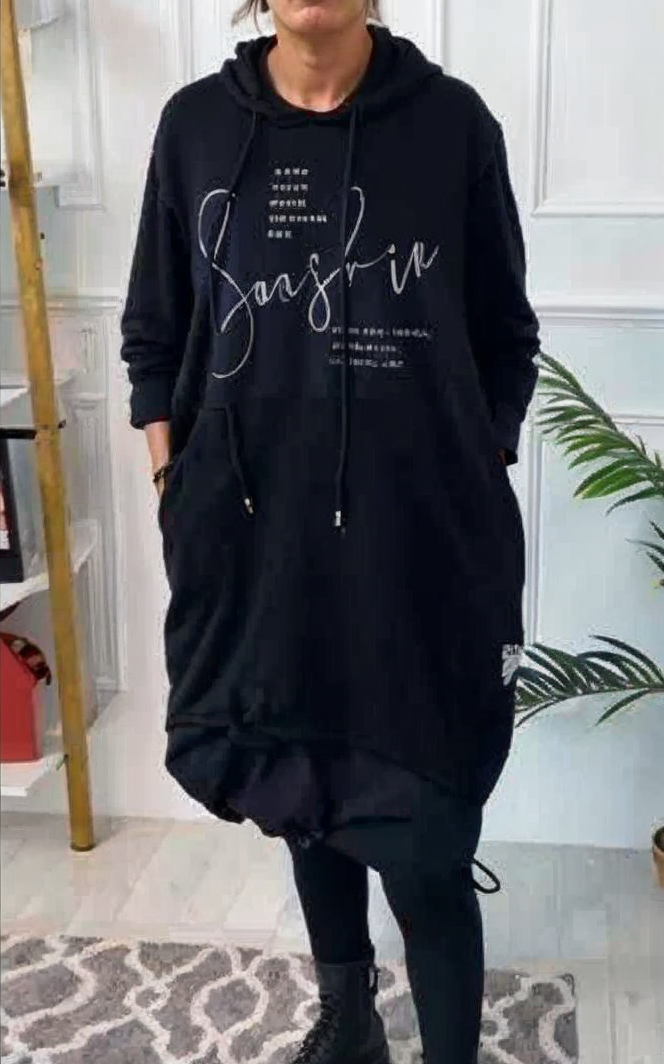 Madeleine casual hooded dress in a relaxed fit, shown in green, black and red
