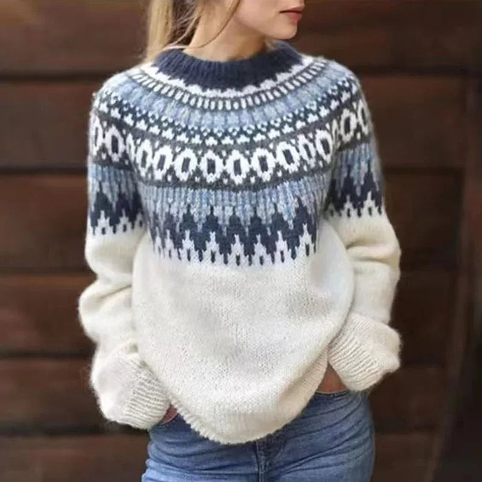 Maecey handcrafted Icelandic knit sweater with vibrant patterned design for women
