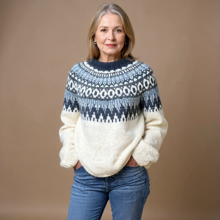 Maecey handcrafted Icelandic knit sweater with vibrant patterned design for women