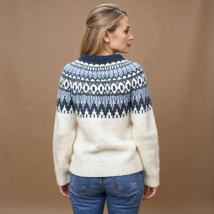 Maecey handcrafted Icelandic knit sweater with vibrant patterned design for women