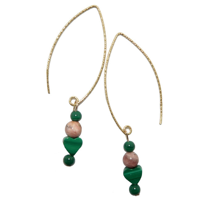 malachite and rhodochrosite gold earrings
