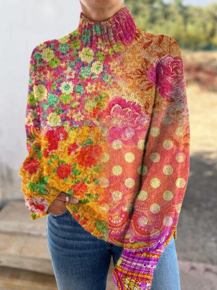 Mallory floral polka dot knit turtleneck sweater in vibrant vintage-inspired colors