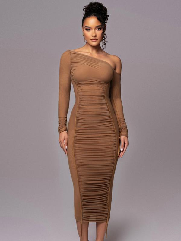Margaret striped ruched bodycon dress with asymmetrical neckline
